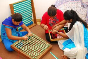 Basic craft work like sewing, basket making, envelope making and handicraft work training program at Mitra Jyothi.