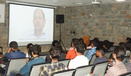 Students from Atria University visited Mitra Jyothi: Attendees are viewing a video presentation.